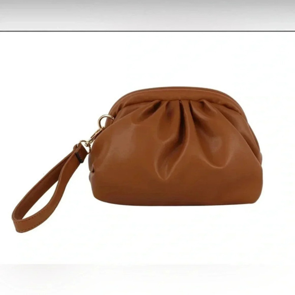 Wristlet/clutch, vegan leather, frame closure, brown, NWT